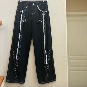 Women’s Black Grommet Pants with White Lace Sz S